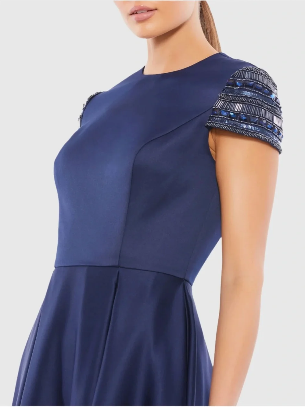 Mac Duggal Navy Blue Hand-Beaded Cap Sleeve A-Line Midi Dress